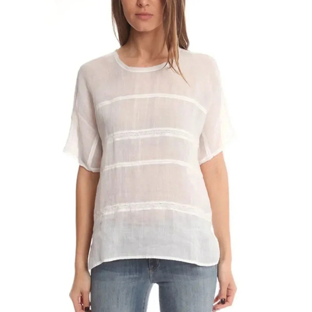 VINCE 100% Ramie White‎ Lace Insert Boxy Top Size XXS Minimalist Quiet Luxury